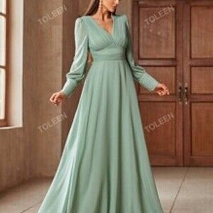 Women's Solid V-Neck Elegant Long Sleeve Dress For Party